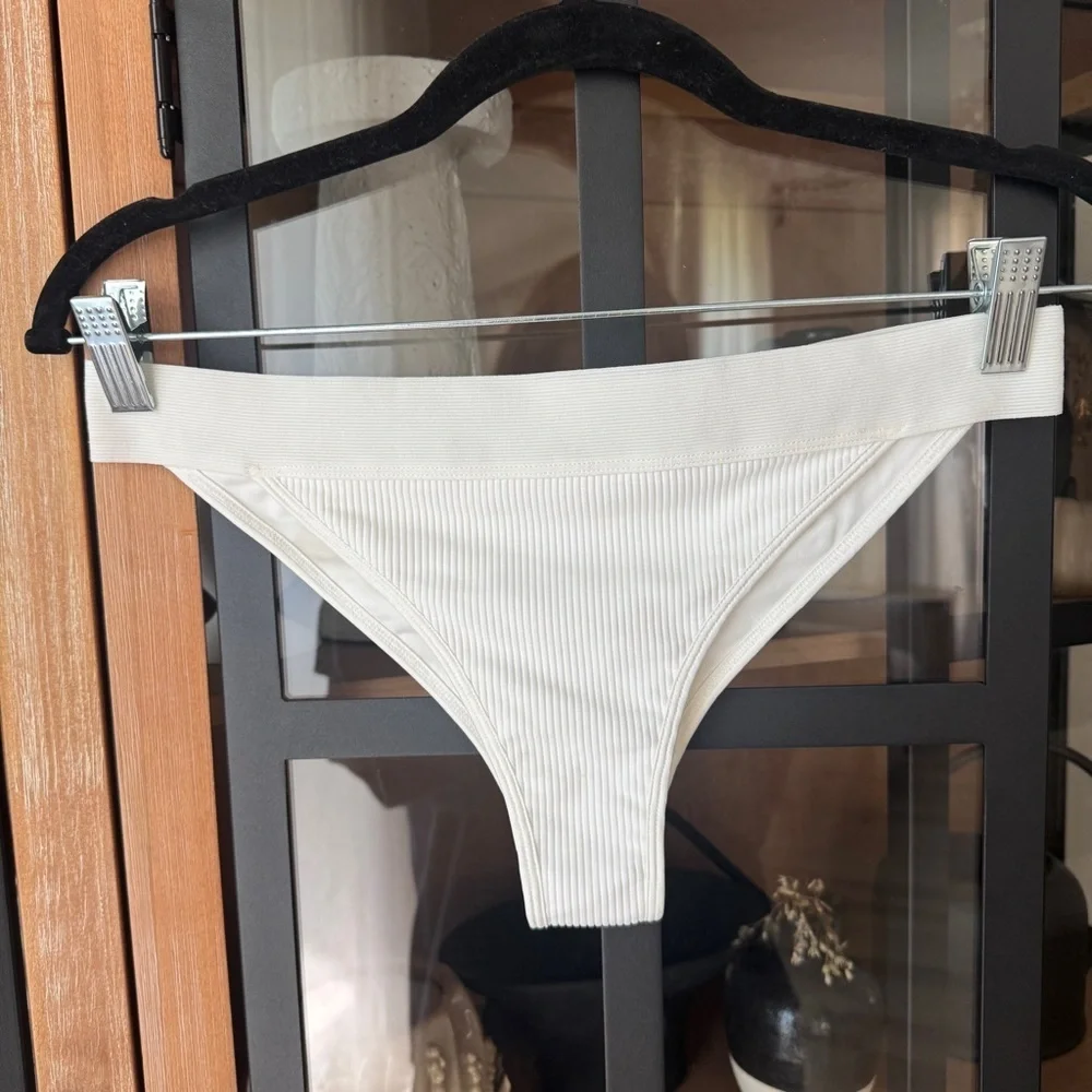Frankie’s Bikinis Drew White Ribbed Swimsuit Bottoms cheeky elastic band